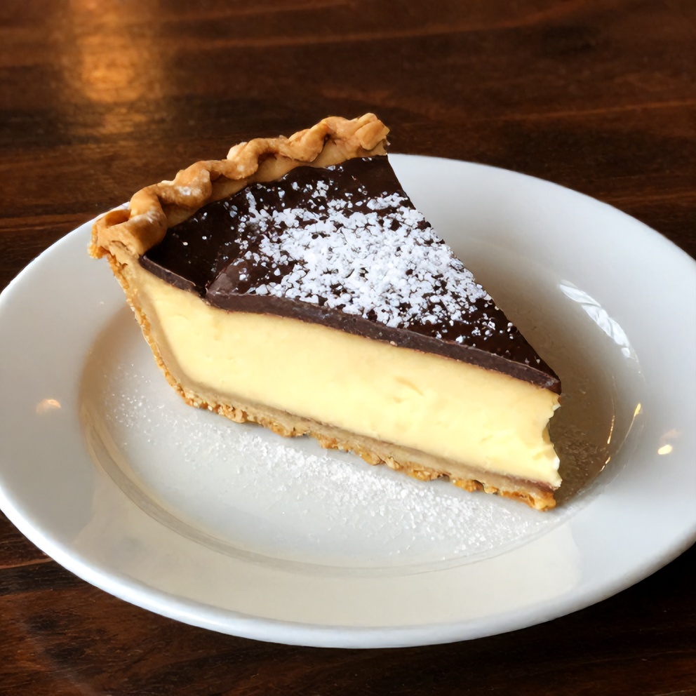 Boston Cream Pie slice on a plate, with a fork