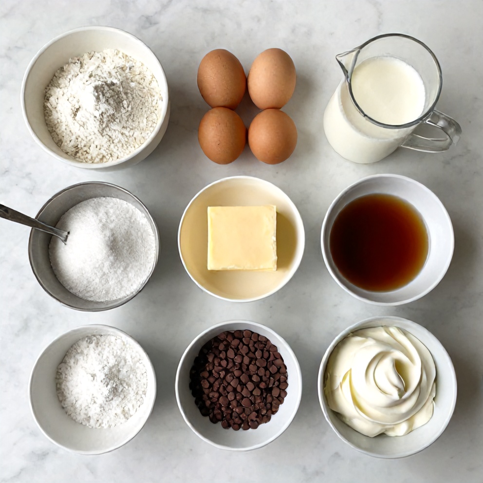 Boston Cream Pie ingredients on a marble countertop