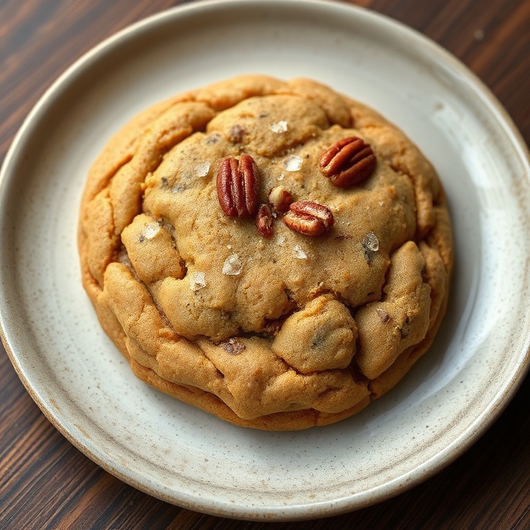 Single brown butter coffee toffee cookie on rustic ceramic plate, topped with flaked sea salt and crushed toasted pecans, warm side light highlighting crisp edge and chewy center