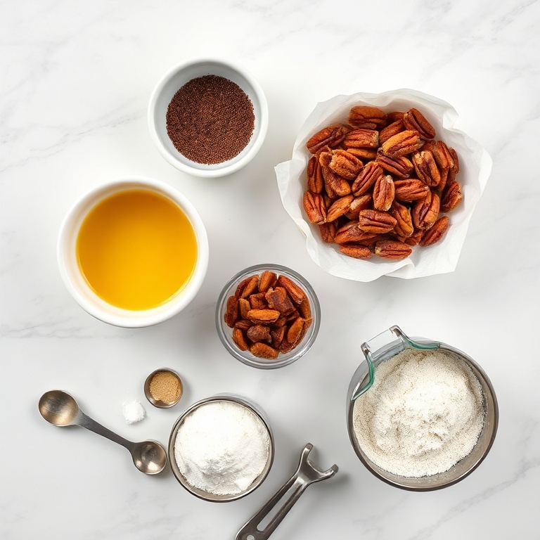 Overhead flat lay of brown butter in ramekin, espresso powder, toasted pecans, toffee bits, and unbleached all-purpose flour on white marble