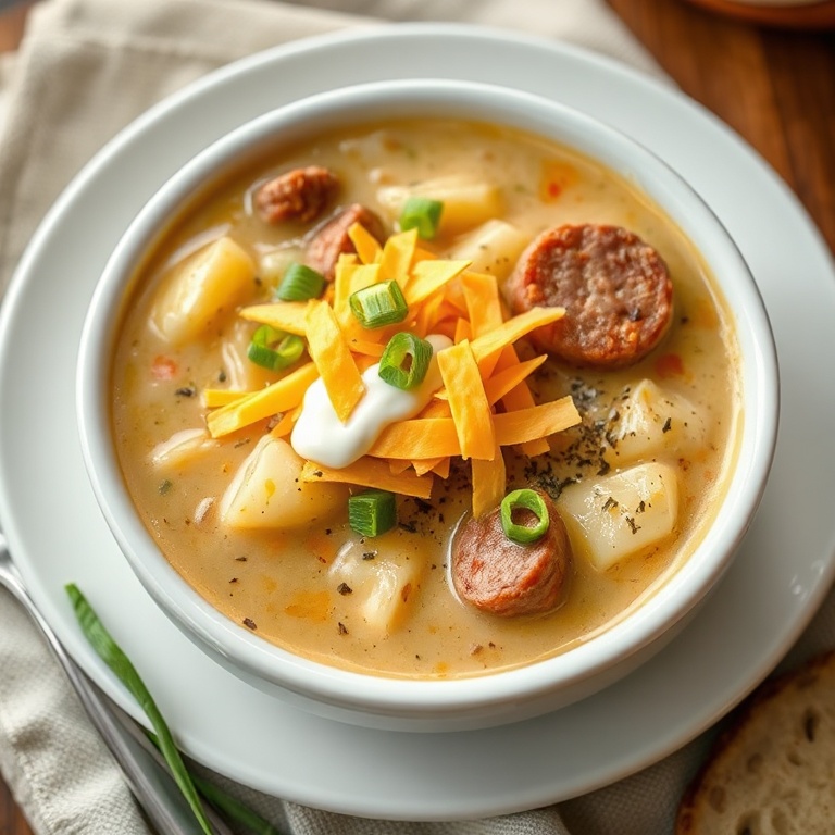 A deep ceramic bowl filled with cajun potato soup garnished with shredded sharp cheddar, sliced green onions, and a swirl of cream.