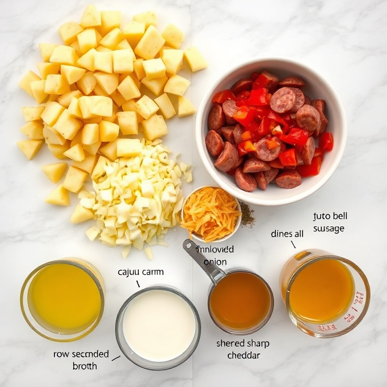 Overhead flat lay of diced potatoes, smoked andouille sausage, yellow onion, bell pepper, garlic cloves, cajun seasoning, shredded cheddar cheese, heavy cream, and chicken broth on white marble.