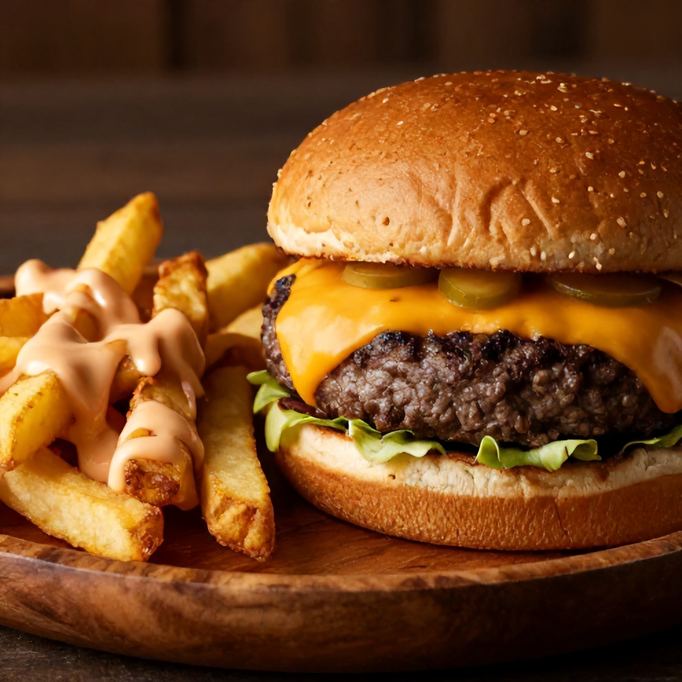 Plated Cheddar Jalapeño Burger with a side of crispy fries