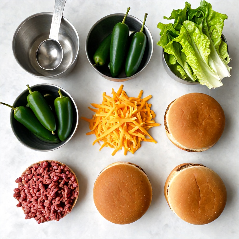 Raw ingredients for Cheddar Jalapeño Burgers on a white marble countertop