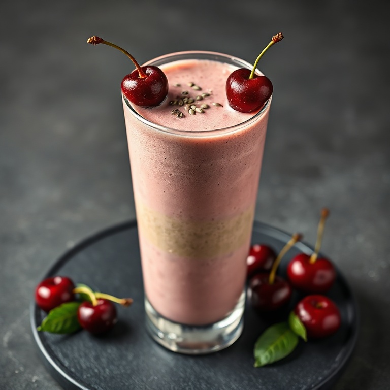 Cherry avocado protein smoothie poured into a clear tall glass, garnished with fresh pitted cherries and chia seeds, creamy pink-green gradient visible, on dark slate surface with natural side light