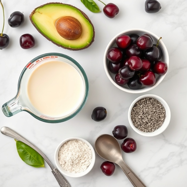 Overhead flat lay: fresh dark cherries, ripe avocado, unsweetened almond milk, vanilla protein powder, chia seeds, measuring spoons, small prep bowls on white marble