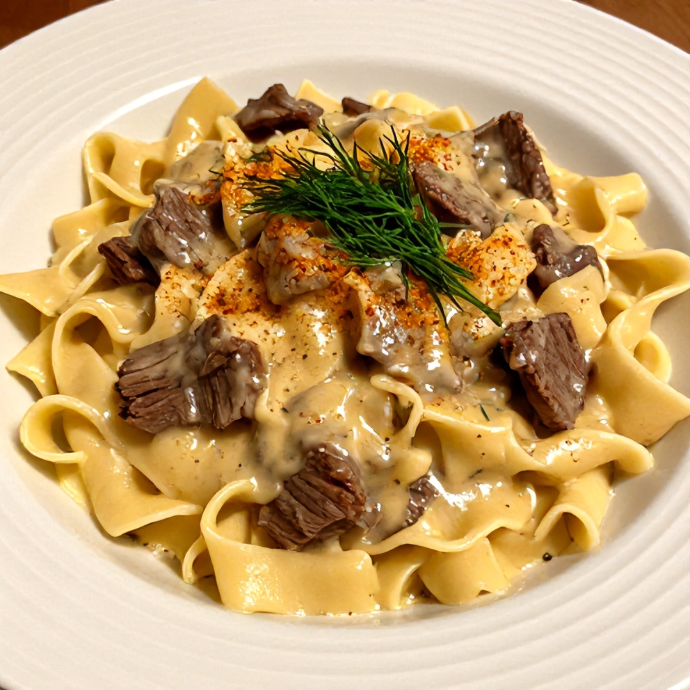 Plated classic beef stroganoff with creamy egg noodles in a white ceramic bowl, garnished with fresh dill sprigs and a light dusting of paprika.