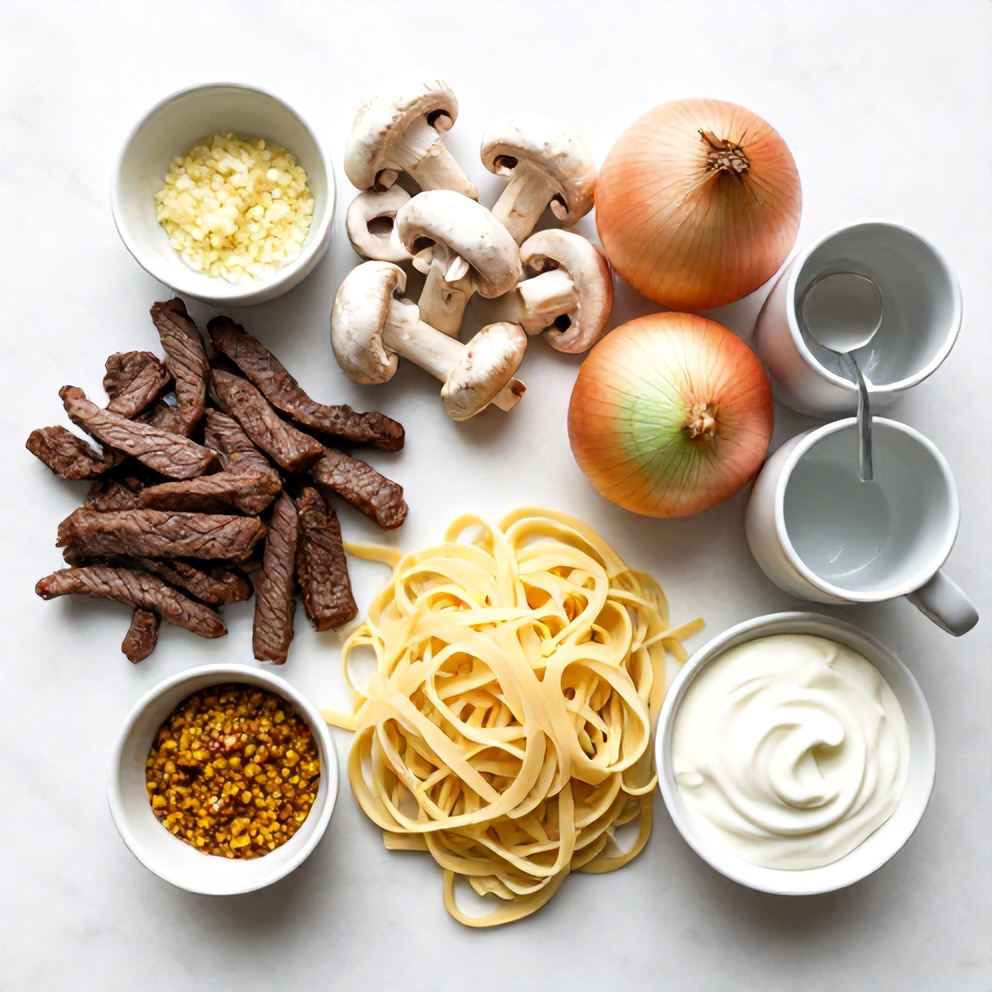 Raw ingredients for classic beef stroganoff: sirloin steak strips, white mushrooms, yellow onion, egg noodles, sour cream, butter, garlic cloves, Dijon mustard, beef broth, and fresh dill.