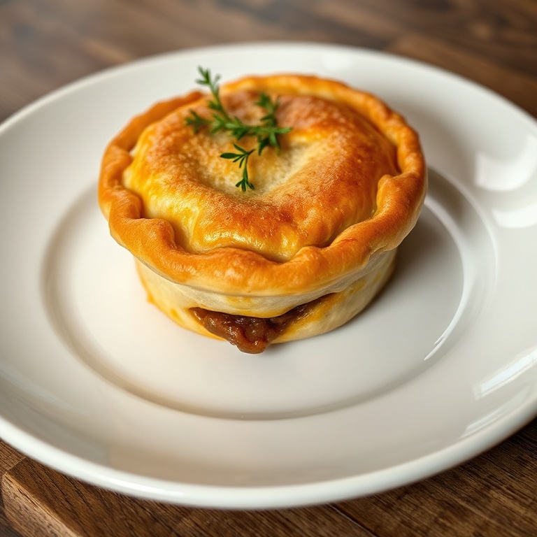 Single plated classic british meat pie on a white ceramic plate, garnished with fresh thyme sprigs, golden crust glistening slightly, rich filling visible at the cut edge, warm side lighting highlighting flakiness