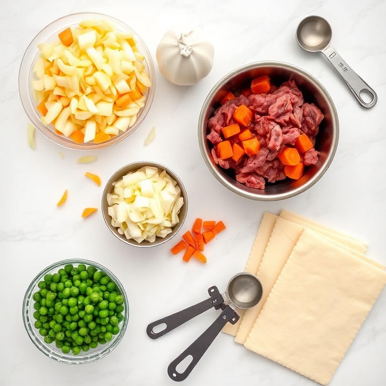Overhead flat lay of ground beef, yellow onions, frozen puff pastry sheets, beef stock, flour, carrots, peas, and fresh thyme on white marble, with stainless steel measuring spoons and small prep bowls