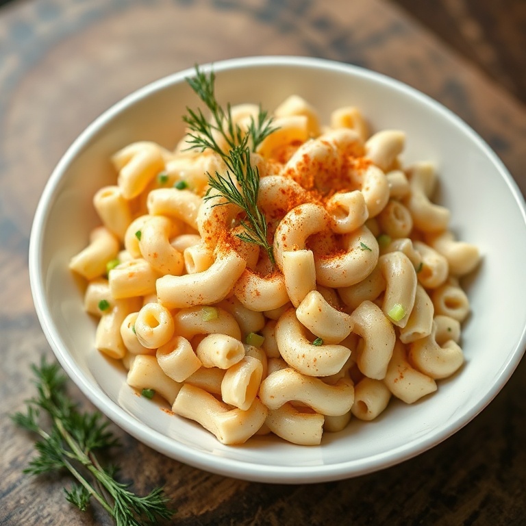 Classic Gordon Ramsay macaroni salad served in a wide ceramic bowl topped with fresh dill sprigs and paprika dusting, shallow depth of field, warm side lighting highlighting creamy texture and crisp celery bits.