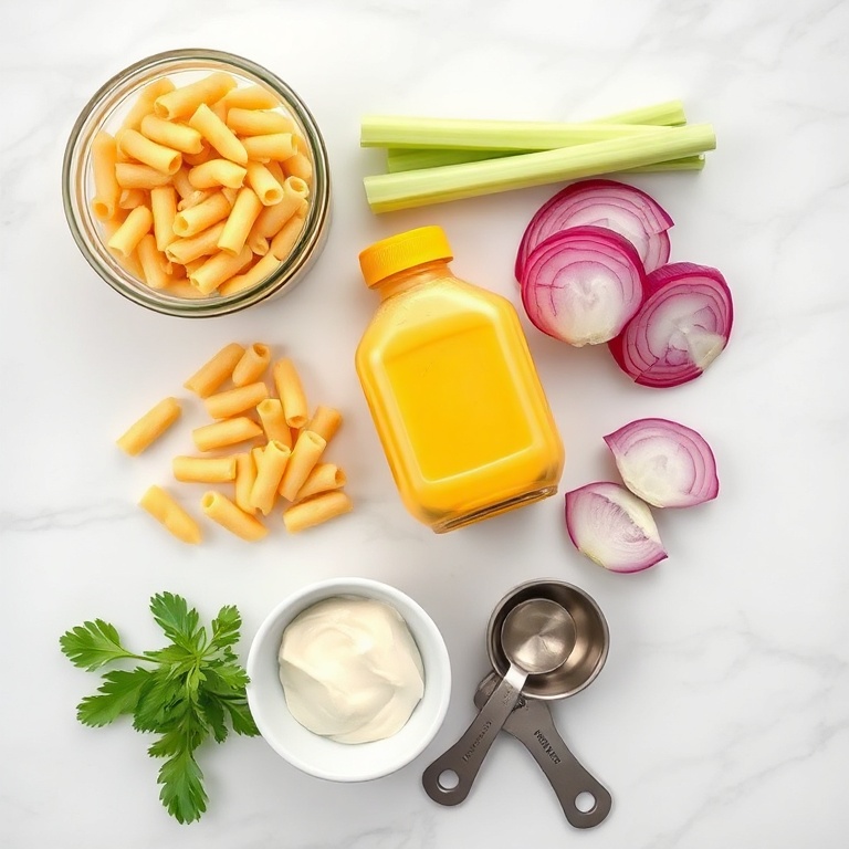 Overhead flat lay of elbow macaroni, mayonnaise, yellow mustard, apple cider vinegar, celery stalks, red onion, hard-boiled eggs, dried dill, white sugar, salt, and black pepper on white marble surface with small prep bowls and measuring spoons.