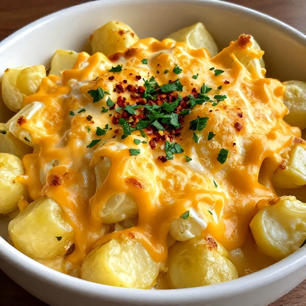 Plated serving of creamy scalloped potatoes with cheddar cheese