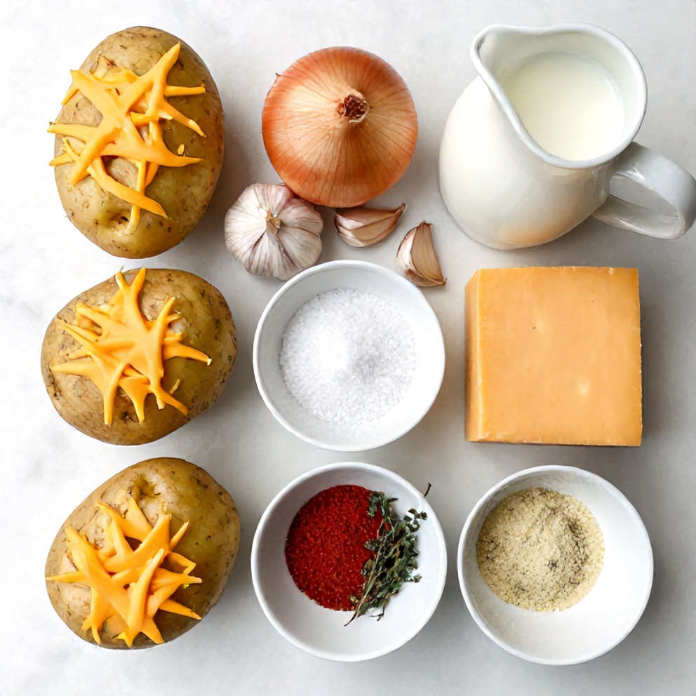 Raw ingredients for classic scalloped potatoes with cheddar cheese