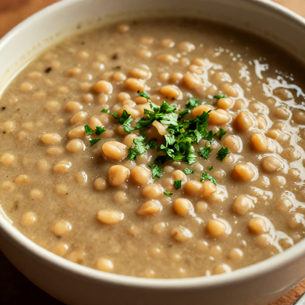 Bowl of classic split pea soup with a sprinkle of chopped parsley