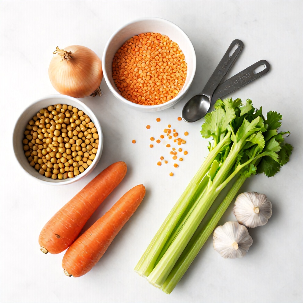 Split peas, onion, carrots, celery, garlic, and ham arranged on a white marble surface