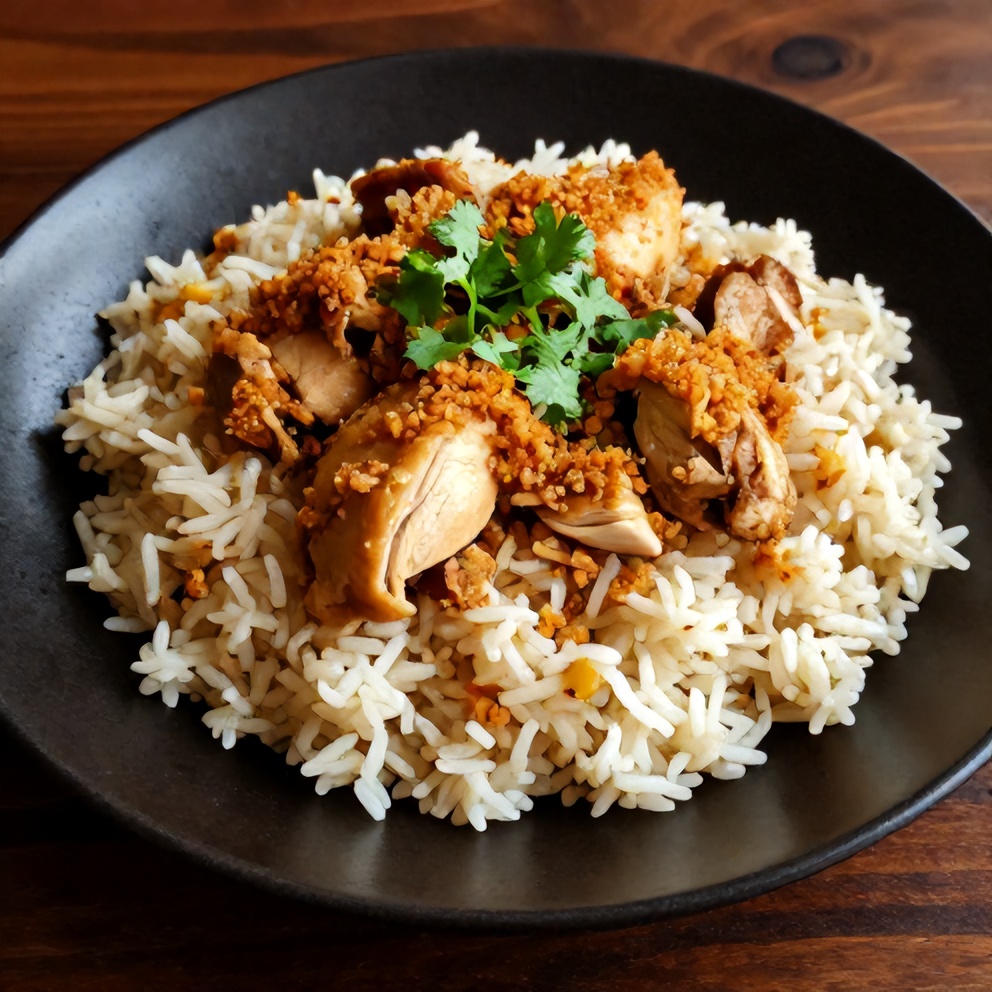 Coconut Chicken Brothy Rice plated with a sprinkle of chopped cilantro and a side of naan bread