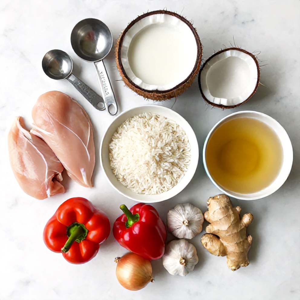 Raw ingredients for Coconut Chicken Brothy Rice including chicken, coconut milk, bell peppers, and spices