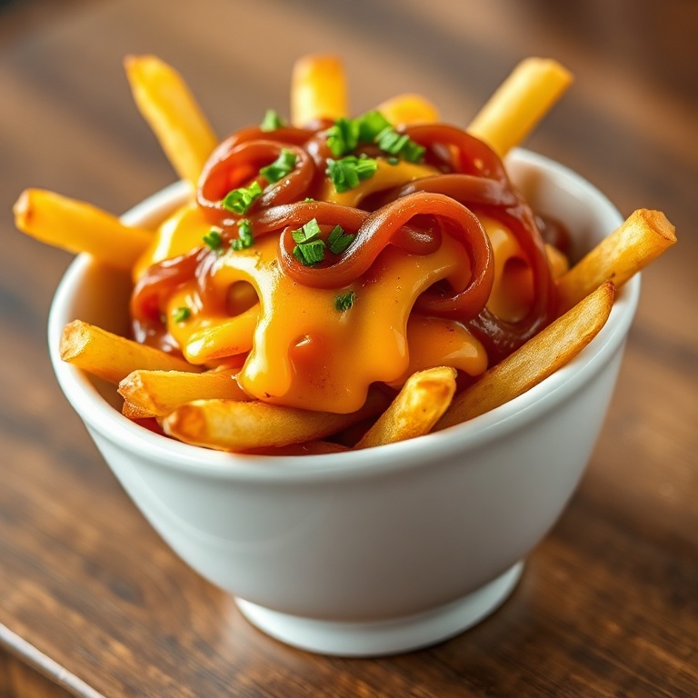 One serving of animal style fries plated in a wide white ceramic bowl, garnished with fresh chopped parsley, with crispy edges and glossy sauce visible