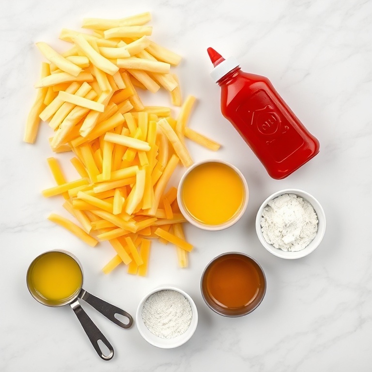 Overhead flat lay of frozen shoestring potatoes, American cheese slices, yellow onions, ketchup, yellow mustard, white vinegar, and garlic powder on white marble with measuring spoons and small prep bowls
