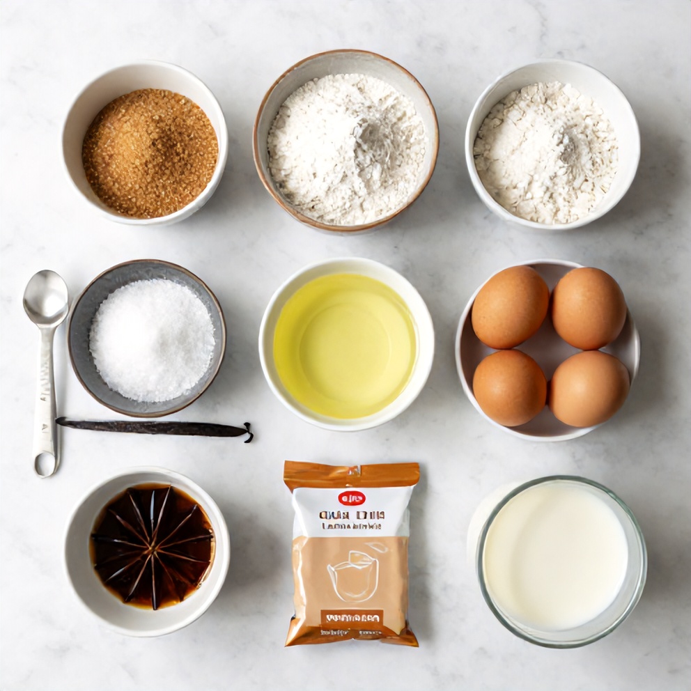 Raw ingredients for Brown Sugar Chai Cake on a marble surface