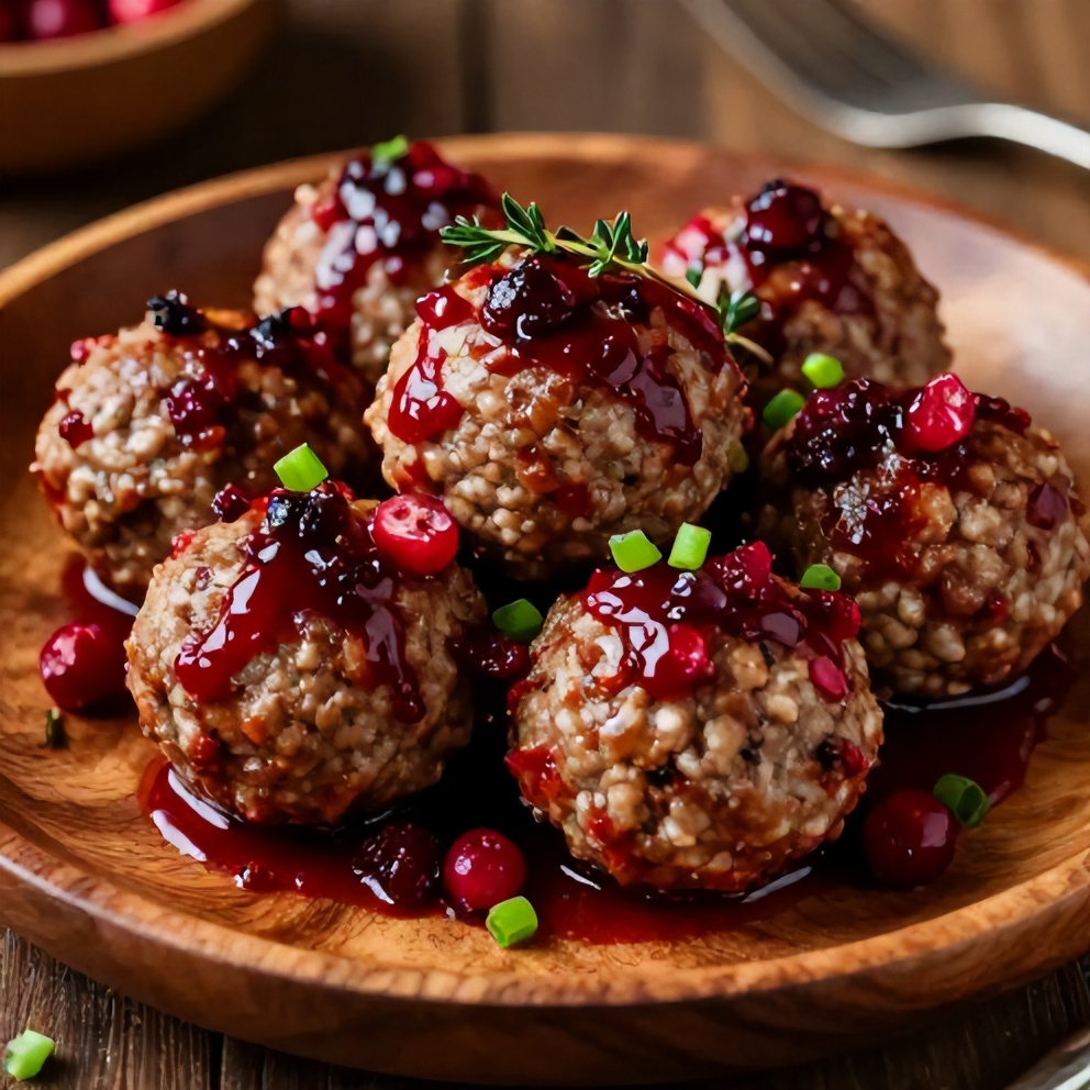 Plated cranberry meatballs with a garnish of fresh thyme