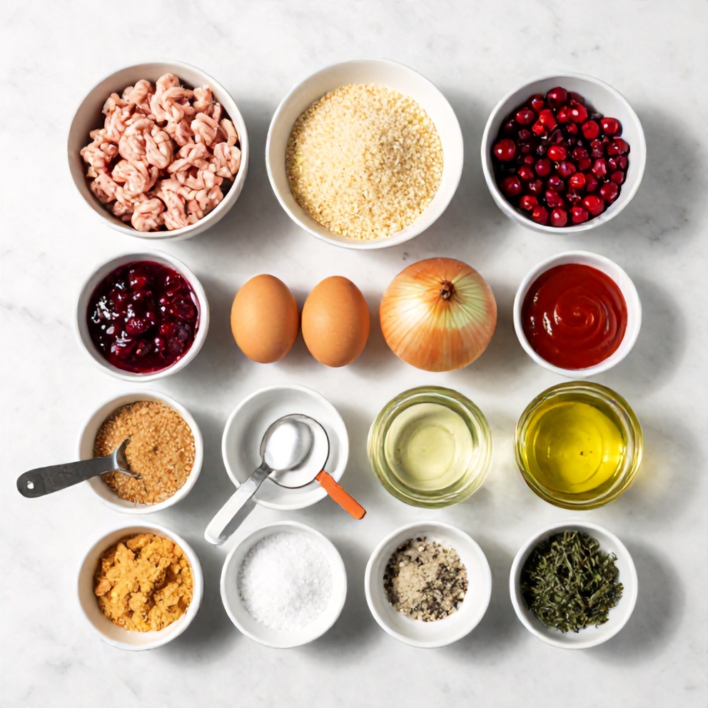 Raw ingredients for cranberry meatballs on a marble surface