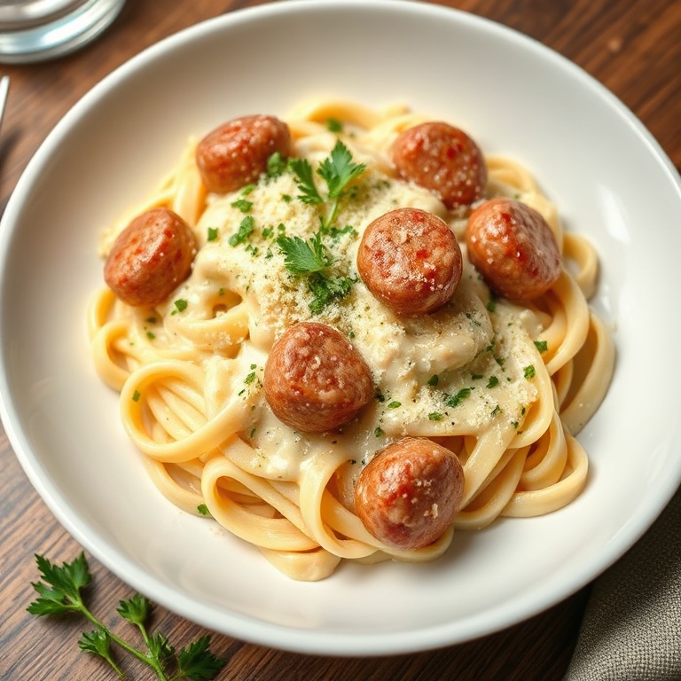 One plated serving of creamy alfredo pasta with italian sausage dinner in a wide white ceramic bowl, topped with fresh parsley and extra grated Parmesan, placed on a dark wood surface with warm side lighting highlighting sauce sheen and sausage texture.