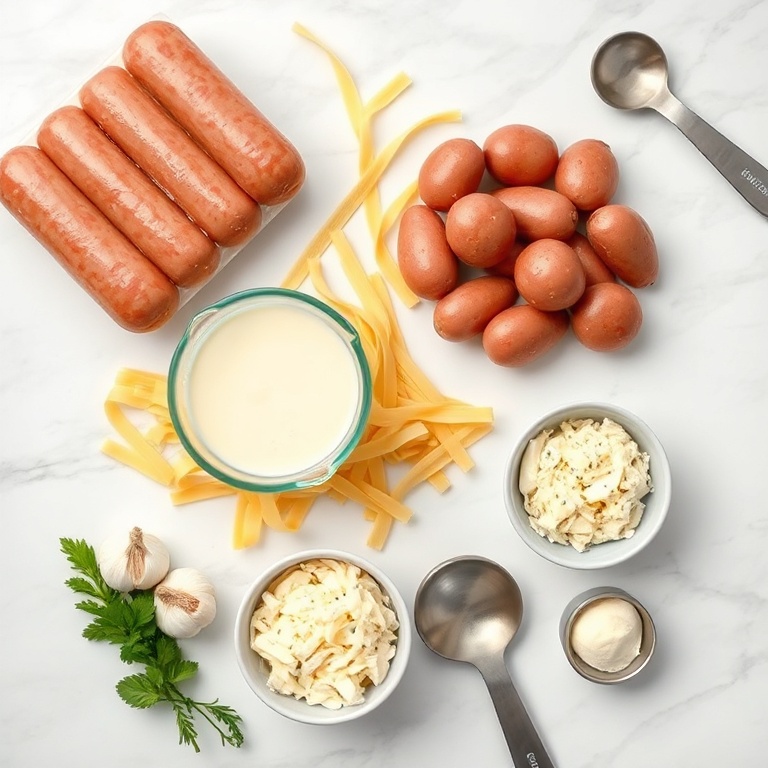 Overhead flat lay of raw ingredients: Italian sausage links, fettuccine pasta, heavy cream, grated Parmesan cheese, garlic cloves, plus small prep bowls, stainless steel measuring spoons, and ceramic measuring cups on white marble.