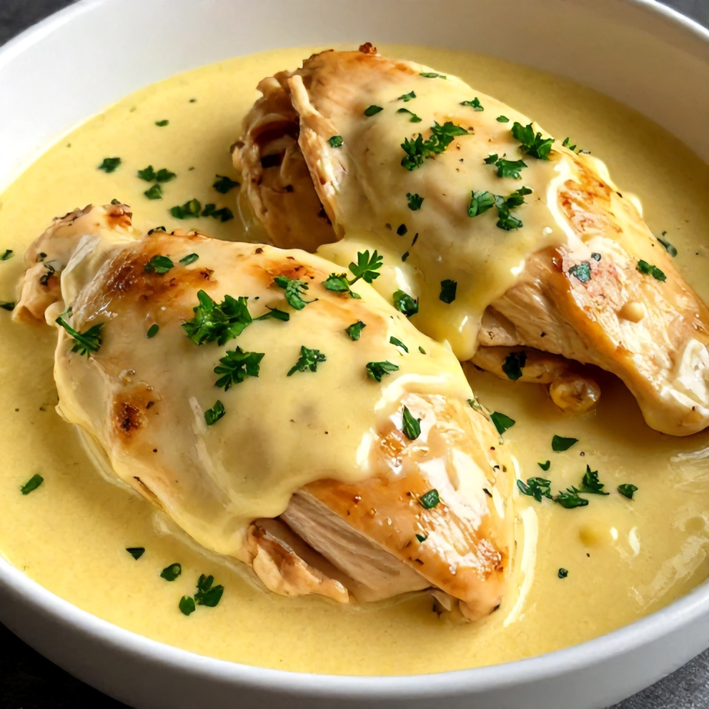 Plated creamy baked lemon butter chicken