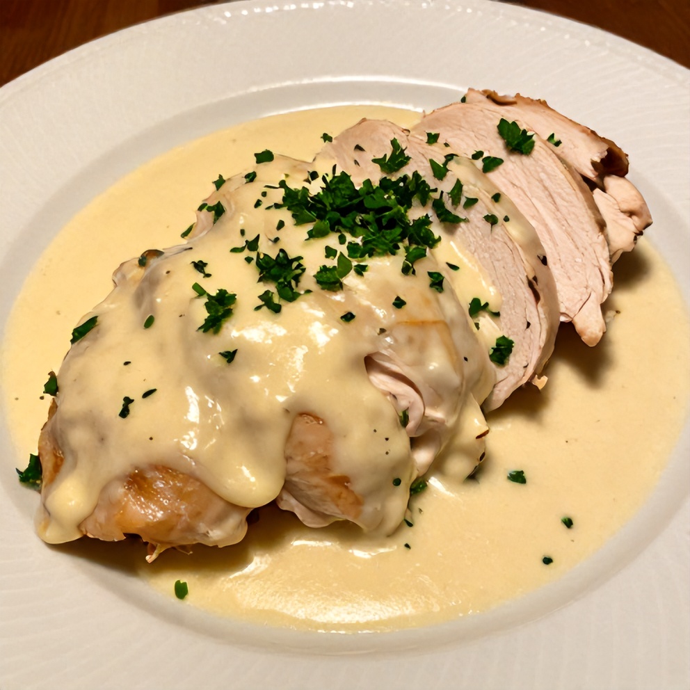 Plated Creamy Boursin Chicken with parsley garnish