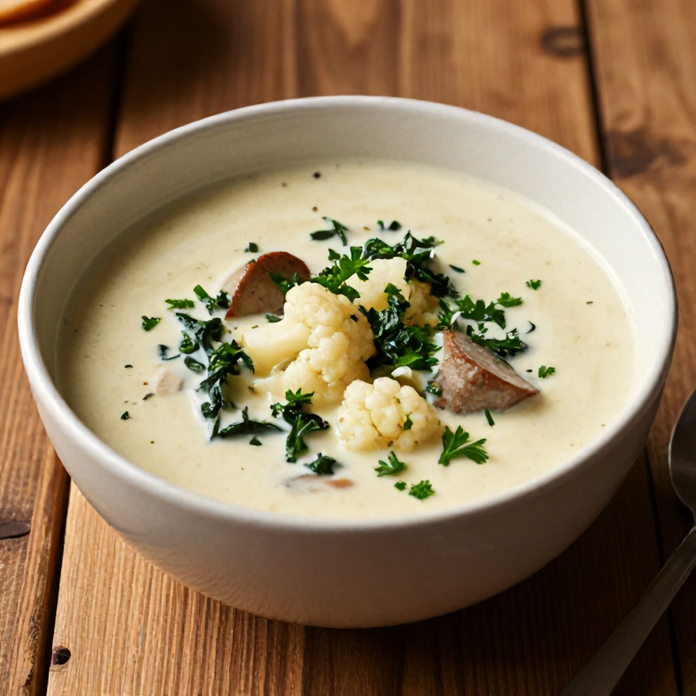 One perfect bowl of Creamy Cauliflower Sausage Kale Soup garnished with fresh parsley, on a rustic wooden table