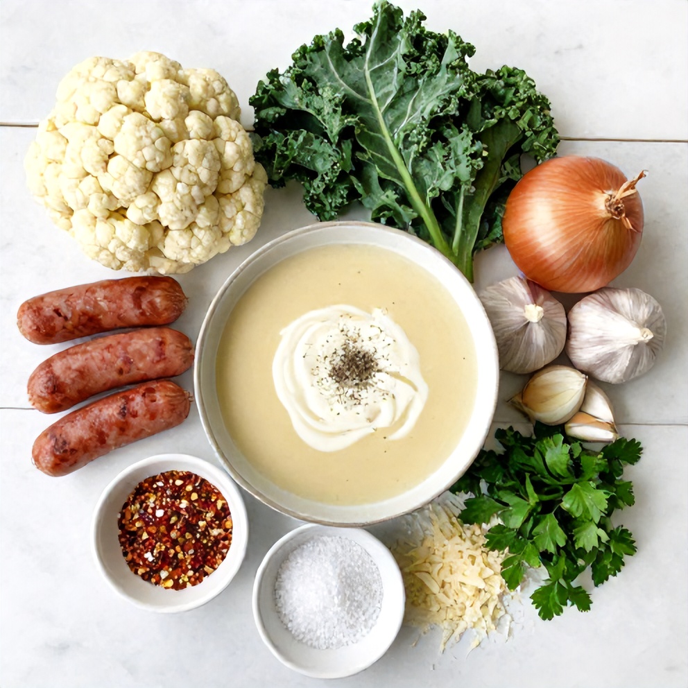 Raw ingredients for Creamy Cauliflower Sausage Kale Soup in an overhead flat lay, including cauliflower, sausage, kale, and garlic