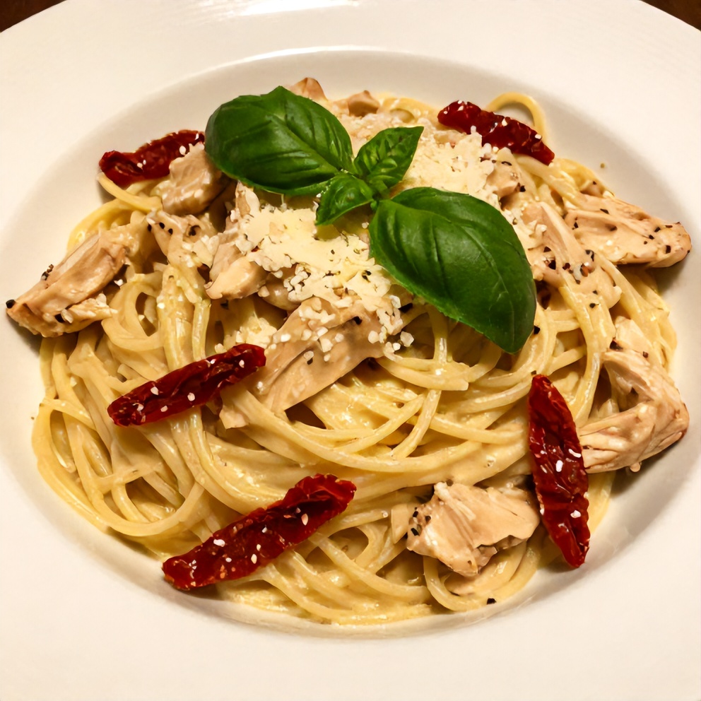 Plated Creamy Chicken Pasta with Sun-Dried Tomatoes