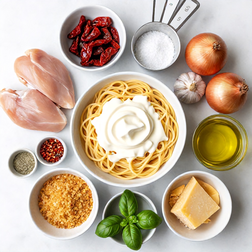 Raw Ingredients for Creamy Chicken Pasta with Sun-Dried Tomatoes