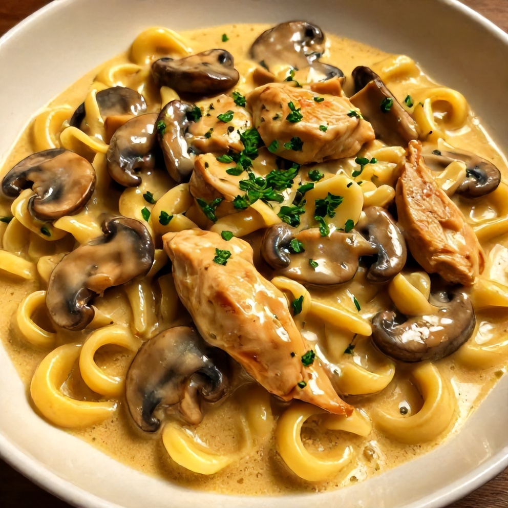 Plated Creamy Chicken Stroganoff with Mushrooms and Egg Noodles