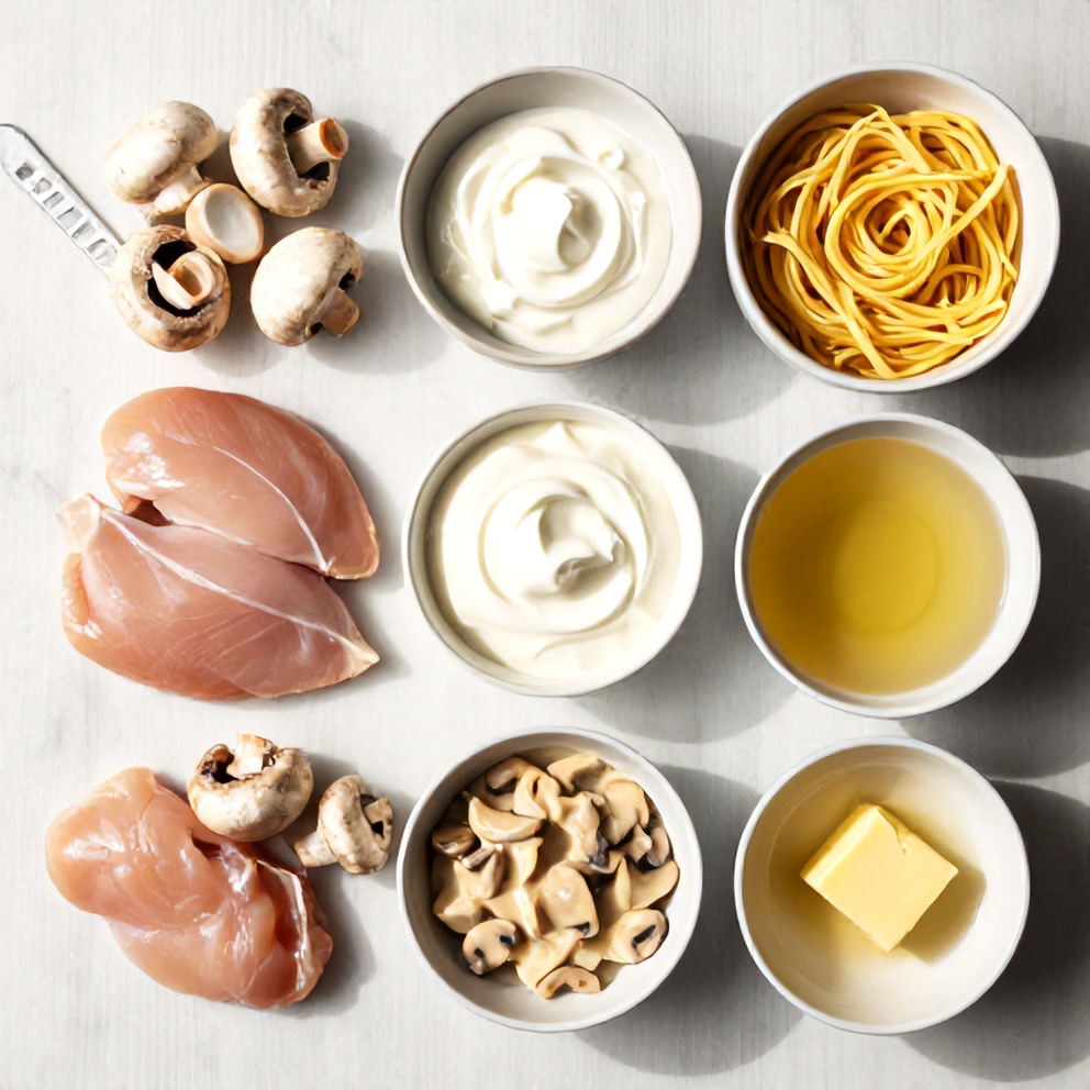 Raw ingredients for Creamy Chicken Stroganoff with Mushrooms and Egg Noodles
