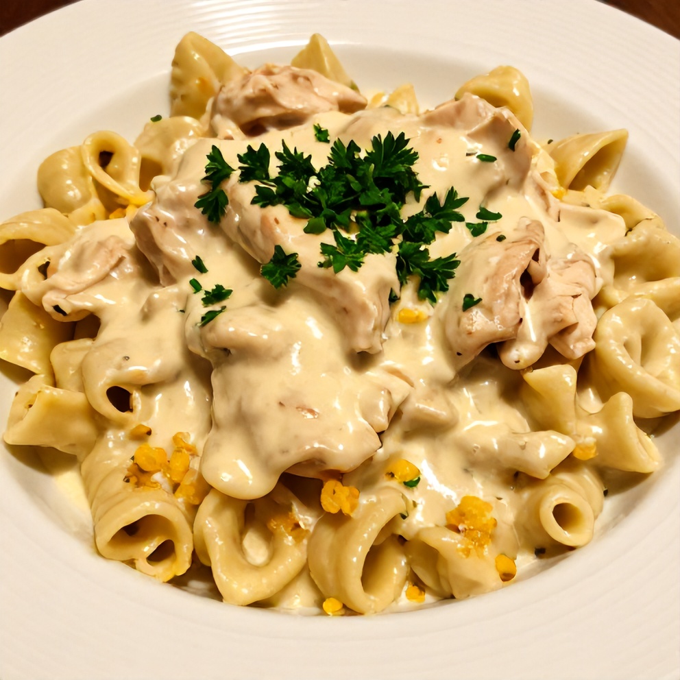 Plated Creamy Chicken Tortellini Dinner with parsley garnish