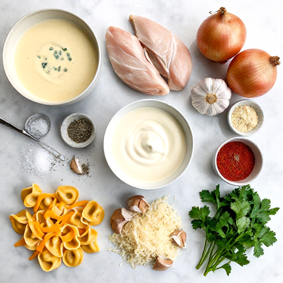 Raw ingredients for Creamy Chicken Tortellini Dinner