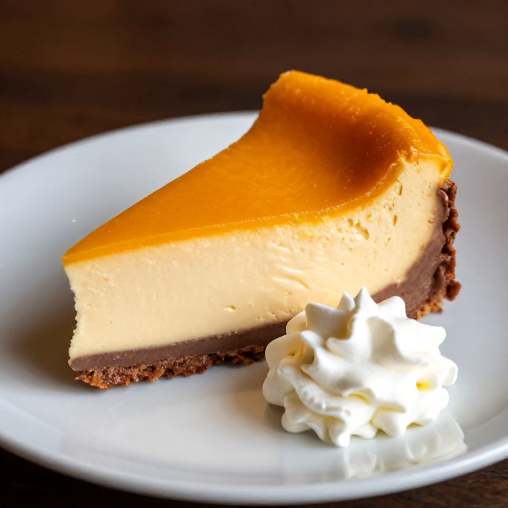 A slice of creamy Chocolate Orange Cheesecake on a white plate with a dollop of whipped cream