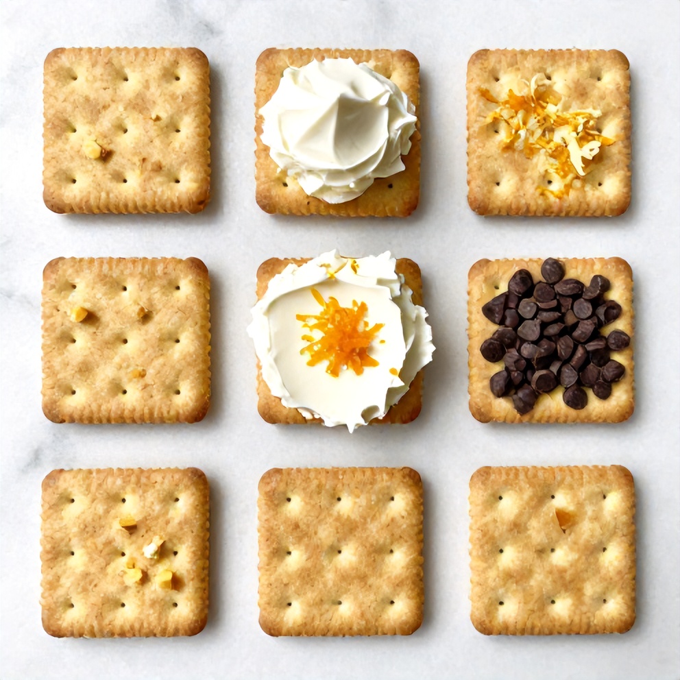 Graham crackers, cream cheese, orange zest, chocolate chips, and other ingredients laid out on a white marble surface