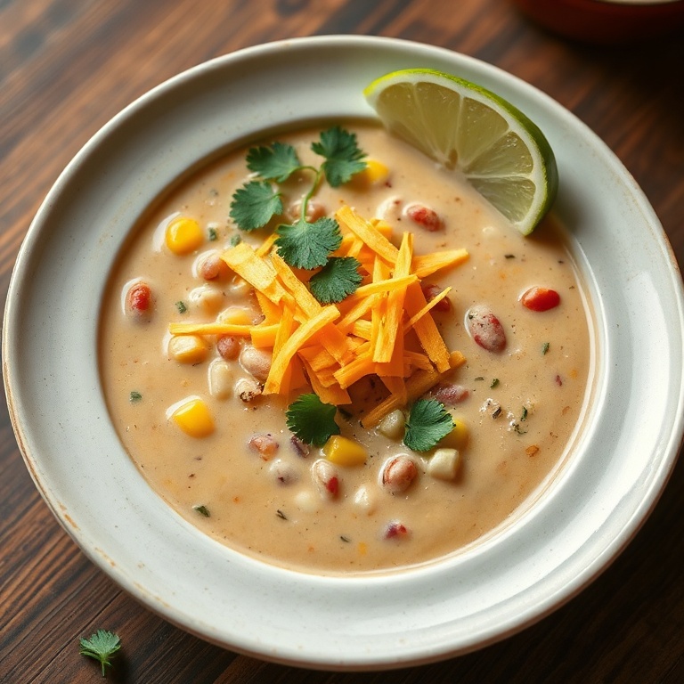 Creamy cowboy soup served in a ceramic bowl with melted cheddar, fresh cilantro, and a lime wedge on a dark slate surface