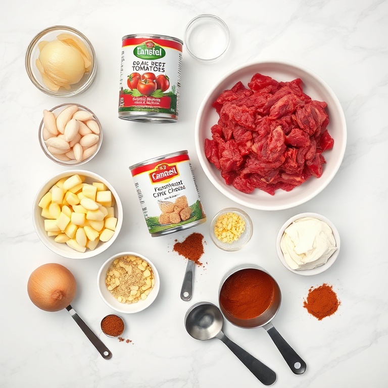 Overhead flat lay of ground beef, canned white beans, diced tomatoes, frozen corn, cream cheese, onions, garlic, and spices on white marble