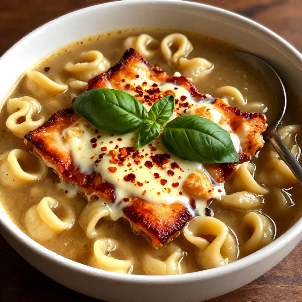 Plated serving of Crock Pot Chicken Parmesan Soup with Tortellini