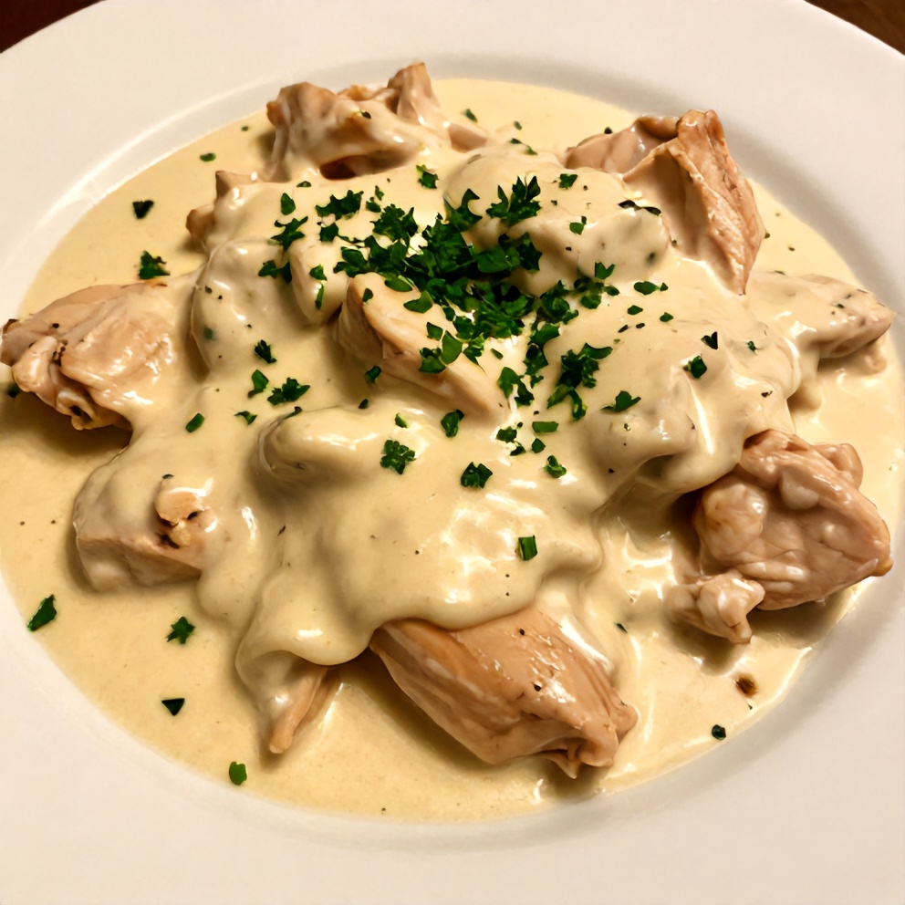 Plated serving of Creamy Crockpot Marry Me Chicken with creamy sauce and herbs