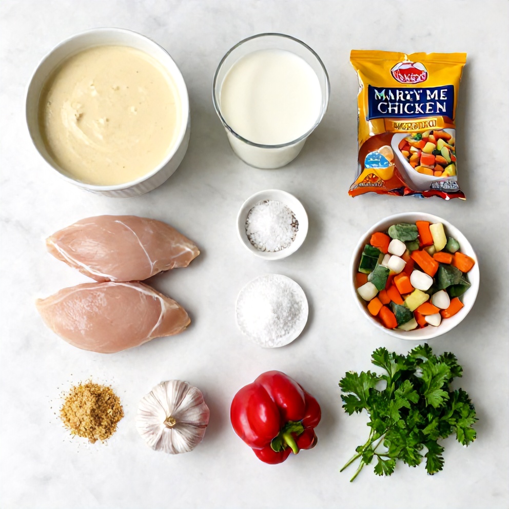 Raw ingredients for Creamy Crockpot Marry Me Chicken on a marble surface