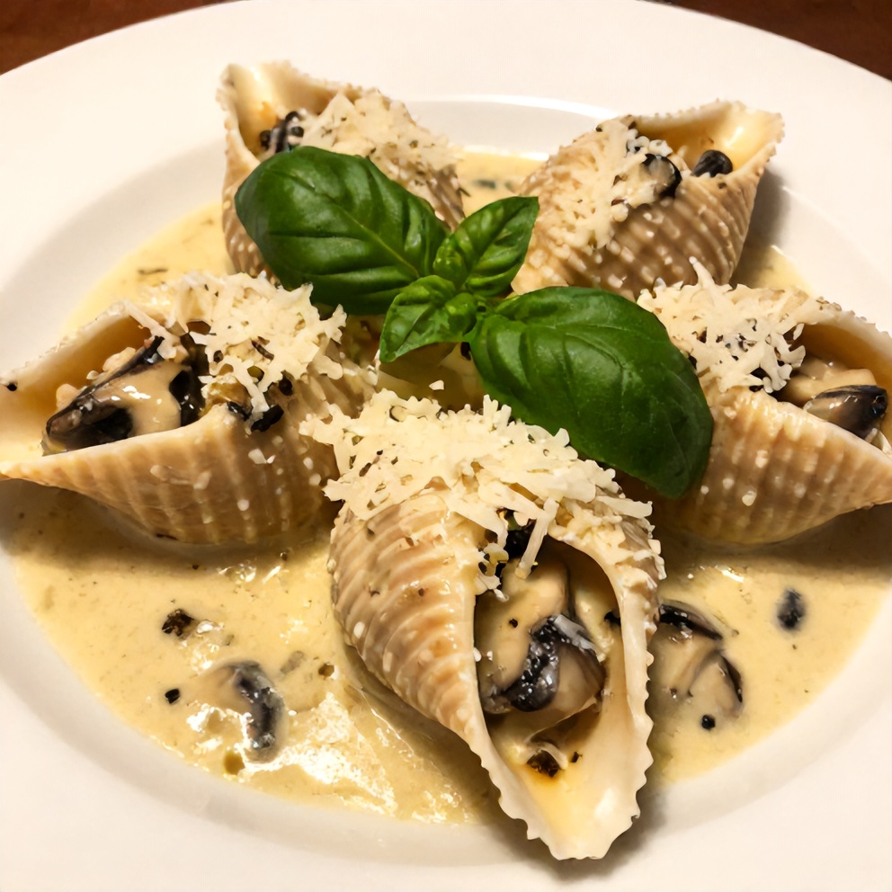 Plated creamy garlic mushroom stuffed shells