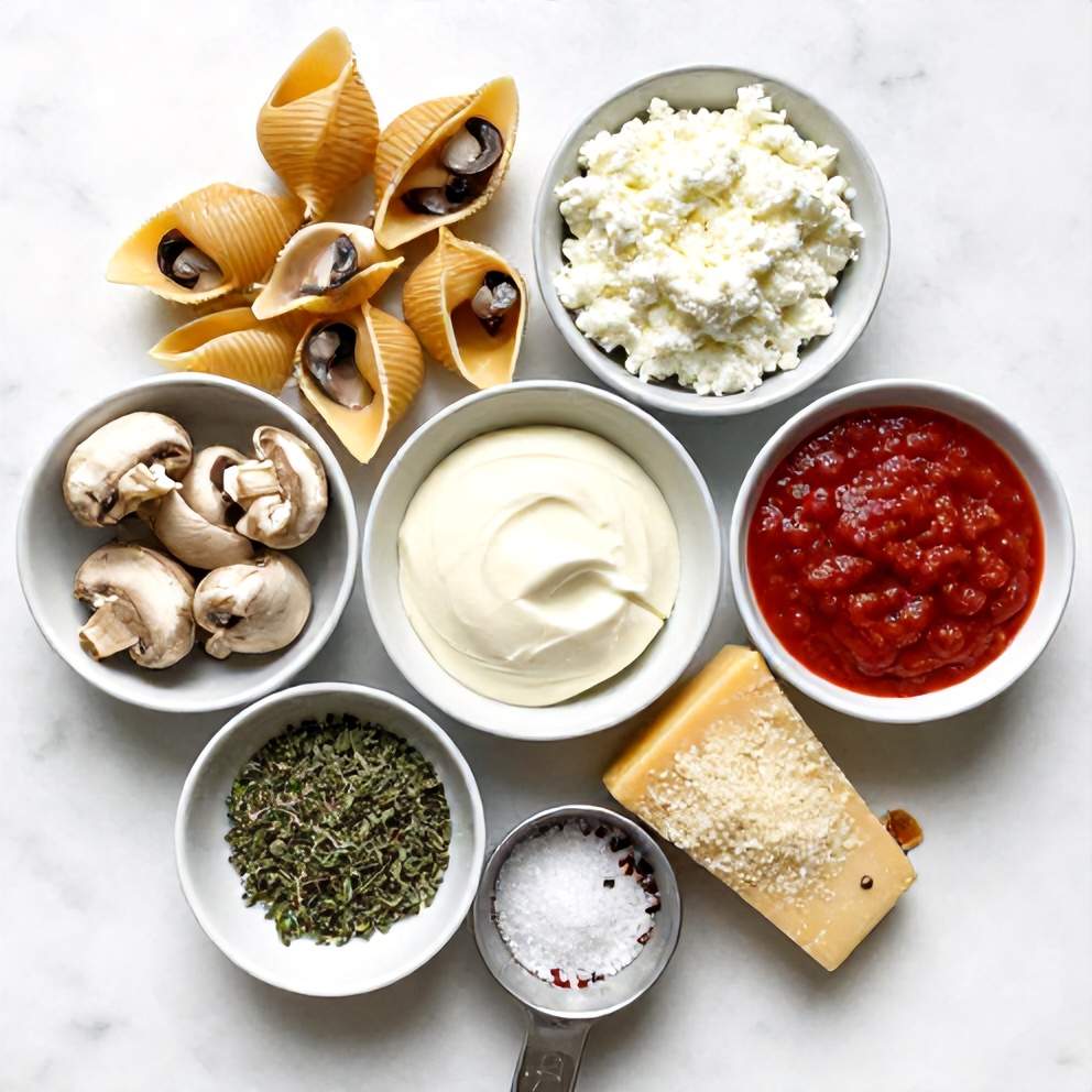 Ingredients for creamy garlic mushroom stuffed shells