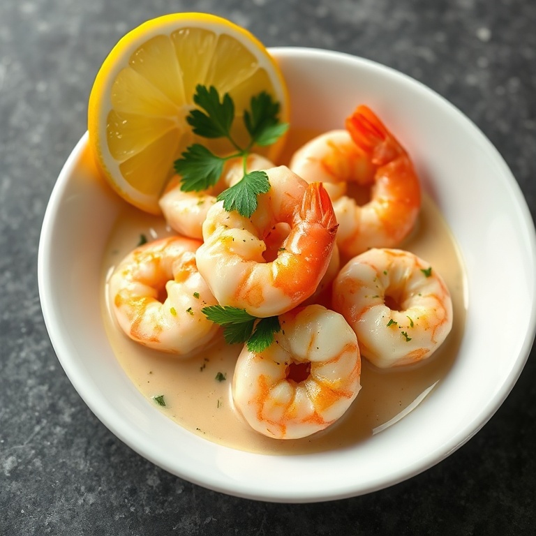Creamy garlic shrimp plated in a shallow white bowl, garnished with fresh parsley and lemon wedge, sauce pooling around shrimp, warm side lighting showing glossy texture.