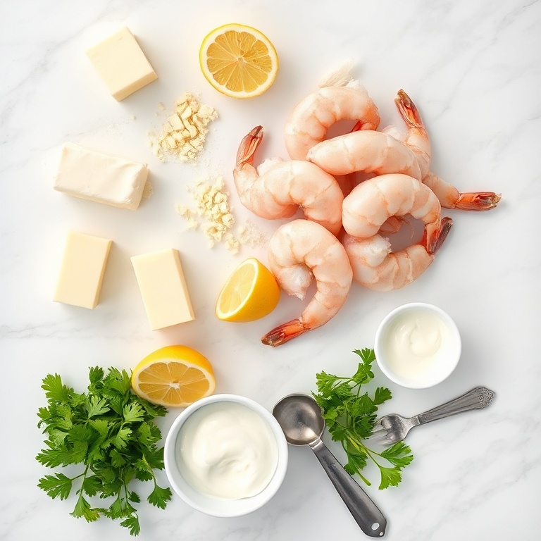 Overhead flat lay: large raw shrimp, minced garlic, unsalted butter, heavy cream, fresh parsley, lemon wedges, stainless steel measuring spoons, small white prep bowls on white marble surface.